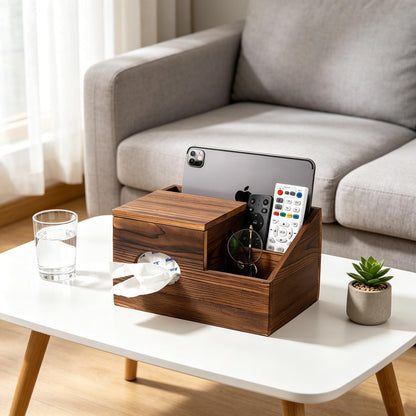 ExoLiry Deluxe Dark Rustic Brown Wooden Remote Control Caddy with Tissue Box Cover – Multi-Compartment Organizer for TV Remotes, Phones, Tablets and Living Room Essentials