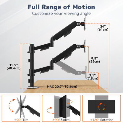 PUTORSEN Dual Monitor Stand for 17-32 Inch Screens,Holds up to 19.8lbs, Full Motion Adjustable Tilt Swivel Rotation, Space-Saving Desk Mount with C-Clamp & Grommet, VESA 75/100mm