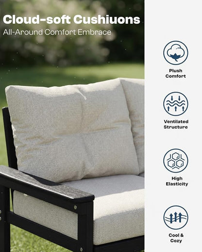 3 Piece HDPE Outdoor Patio Furniture Set, All-Weather 2 Armchairs with Side Table, Patio Conversation Set with Beige Washable Thick Cushion for Balcony,Porch (Black Frame)