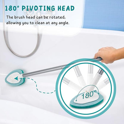 Shower Scrubber with Long Handle, Bathroom Tub and Tile Cleaning Tool with 6
