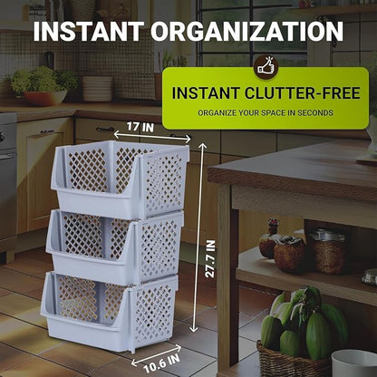 XLarge Stackable Storage Bins Open Front for Pantry, 6 Pack - Light Grey | Sturdy Plastic, Easy Stacking, Open Front Access, Ventilated Sides, Vertical & Space Saving Pantry Organizers and Storage Bin