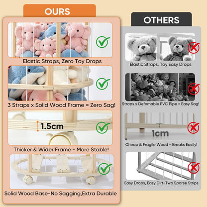 Singda Stuffed Animal Storage, Wooden Zoo Stuffed Animal Holder with Wheels & Elastic Bands, Space Save Toy Storage Organizer with Extra-Thick Base for Kids' Room, Playroom, Nursery - 37"