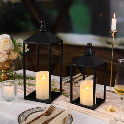MATAHUM 2pcs Farmhouse Lantern Decor with LED Flickering Flameless Candles - Black Metal Lanterns Decorative for Home Decor, Fireplace Mantle or Table Centerpiece, Halloween Christmas Lantern Decor