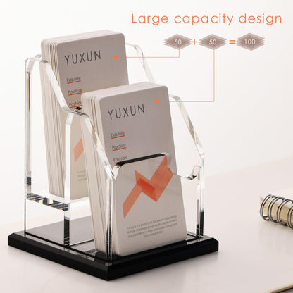 YUXUN Black Business Card Holder for Desk-2 Tiers 2 Slots, Vertical Acrylic Business Cards Holder for Women Men, 100+ Business Cards, Multiple Business Card Display Stand for Exhibition, Home, Office