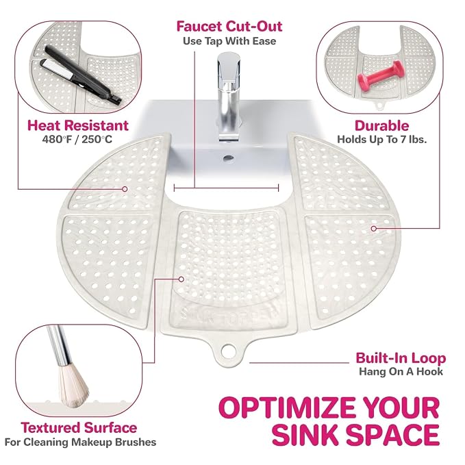 Sink Topper Bathroom Counter Cover & Storage Saver, Foldable Silicone Mat for Hot Tools, Hair Styling & Makeup, Beauty Brush Cleaning Mat, RV Camper Sink Cover & for Small Spaces (Large Pearl)