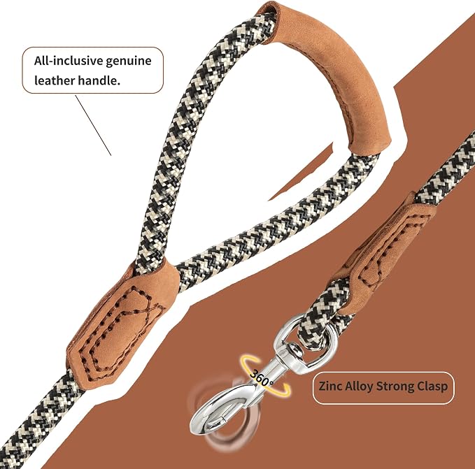 Mile High Life | Premium Leather Handle Dog Leash | Strong Rope Leash | Zinc Alloy Strong Clasp | Small Medium Large Dogs | 4/5/6 Feet(Black Khaki, 48 Inch (Pack of 1))
