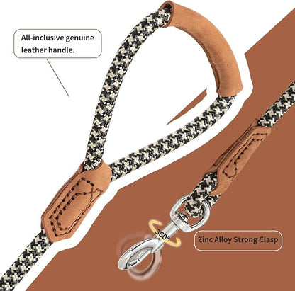 Mile High Life | Premium Leather Handle Dog Leash | Strong Rope Leash | Zinc Alloy Strong Clasp | Small Medium Large Dogs | 4/5/6 Feet(Black Khaki, 72 Inch (Pack of 1))