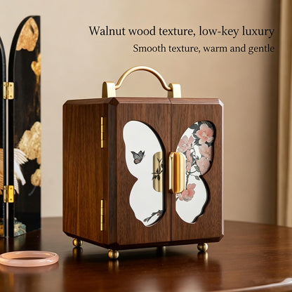 GuaziV Butterfly Jewelry Box for Women, Black Walnut Wood Veneer Jewelry Organizer 4-Layer Jewelry Storage Case with Ring Slots, Necklace Hooks & Watch Pillows for Vanity Dresser