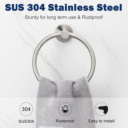 NearMoon Bath Towel Ring, Bathroom Hardware Accessories-Thicken Stainless Steel Hand Towel Holder for Bathroom, Modern Round Towel Hanger Wall Mounted (Brushed Nickel, 2 Pack)