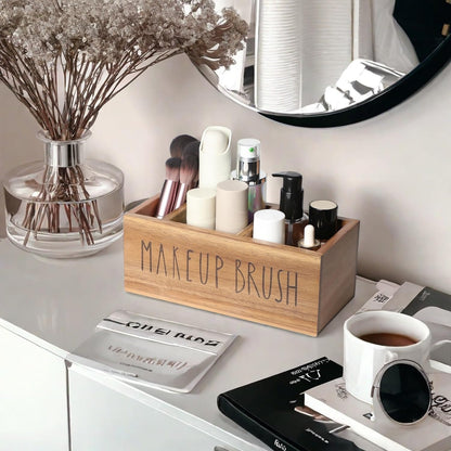 LBEMEY Acacia Wood Makeup Brush Organizer for Vanity,Cosmetic Skincare Organizers, Makeup Organizer with 3 Slots,Organizer Countertop for Cosmetics,Skincare, Brushes, Mascara,Lipstick,Pencils, Brown