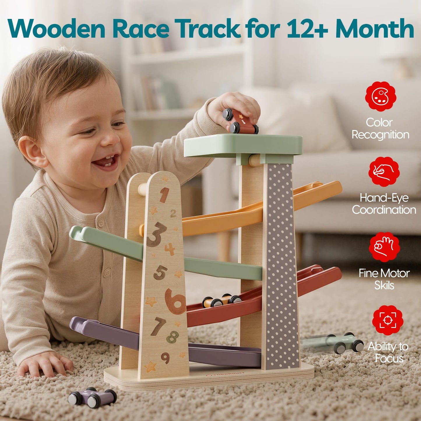 TOPBRIGHT Baby Toys for 1 Year Old Boy Gifts, Wooden Car Ramp Race Track Set, Car Toys for Toddlers with 4 Cars and a Garage, Montessori Toys for 1 Year Old Boy Girl, Birthday Gift for Age 12+ Month
