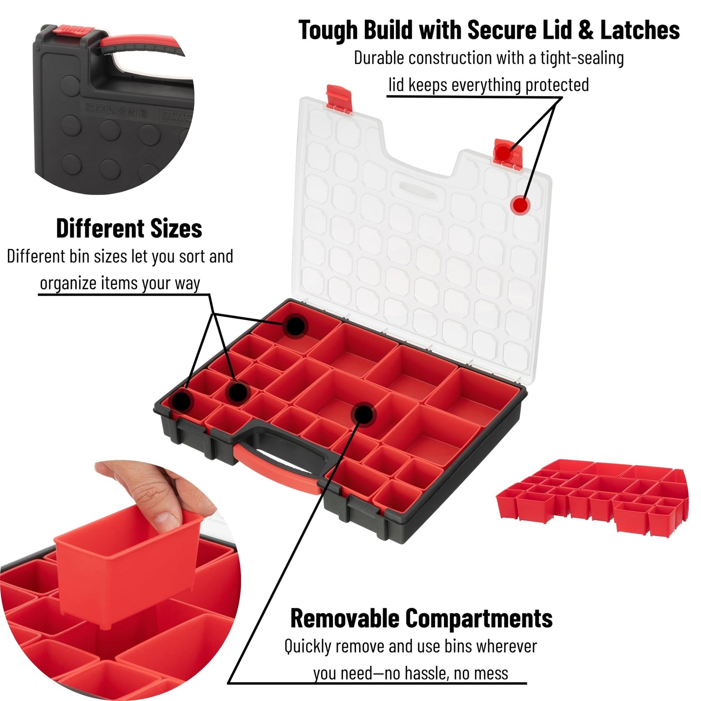 INTERTOOL Hardware Organizer with 24 Removable Bins - Small Parts Storage Tool Box for Nuts, Bolts, Screws, Nails - Portable Handle Transparent Lid with Locks BX08-4033