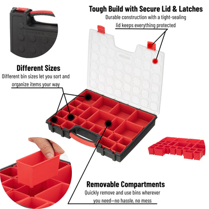 INTERTOOL Hardware Organizer with 24 Removable Bins - Small Parts Storage Tool Box for Nuts, Bolts, Screws, Nails - Portable Handle Transparent Lid with Locks BX08-4033