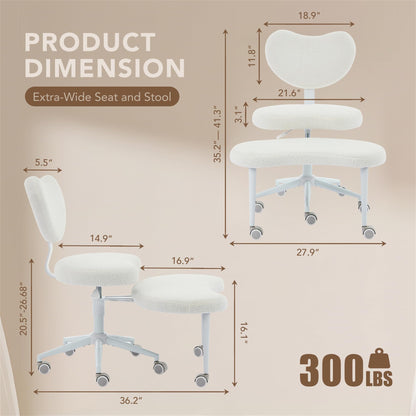 Ergonomic Cross Legged Chair with Wheels,360° Swivel Meditation Chair,ADHD Chair, Criss Cross Desk Chair with Lumbar Support and Adjustable Stool, Flexible Design for Fidgety Sitters, Ivory