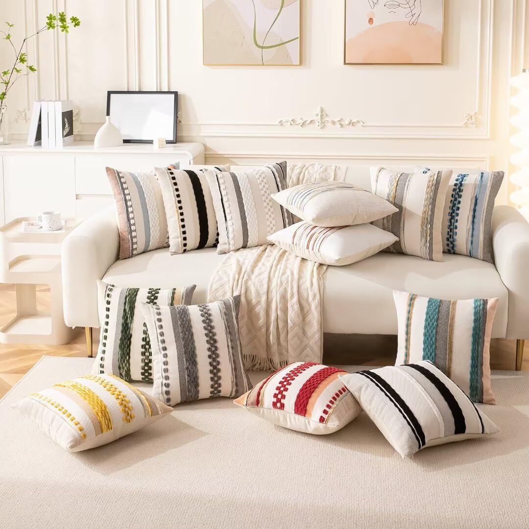 Boho Throw Pillow Covers 18x18 Set of 2 Farmhouse Decorative Cushion Case Striped Square Pillows Cover Chenille Pillow Cases Accent Neutral Pillowcase for Sofa Couch Bed,Sky Blue