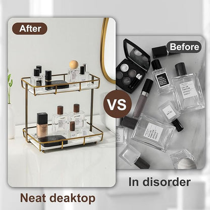 Bathroom Organizer Countertop Perfume Organizer Makeup Organizer Cosmetics Storage Display Rack Vanity Tray Dresser Stainless Steel Gold Shelf White Marble Ceramic Tray