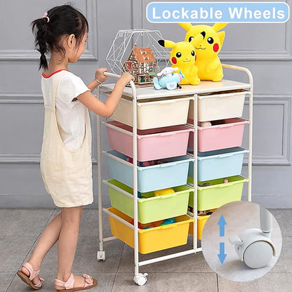 Ytaoka Rolling Cart with 10 Drawers, Plastic Drawer Cart with Metal Frame, Multipurpose Art Craft Cart Organizer with Wheels, Utility Cart with Drawers for Home, Office, School, White