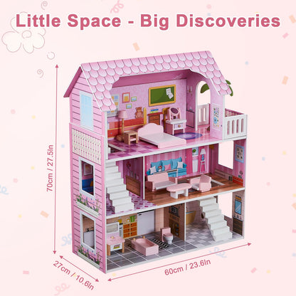 OCINONE Kids Dollhouse - Pink Wooden Doll House with 10-Piece Mini Furniture Set, 3-Story & 5 Open Rooms, Easy to Assemble Pretend Play House, Gift for Girls Boys Ages 3 4 5 6 Years Old