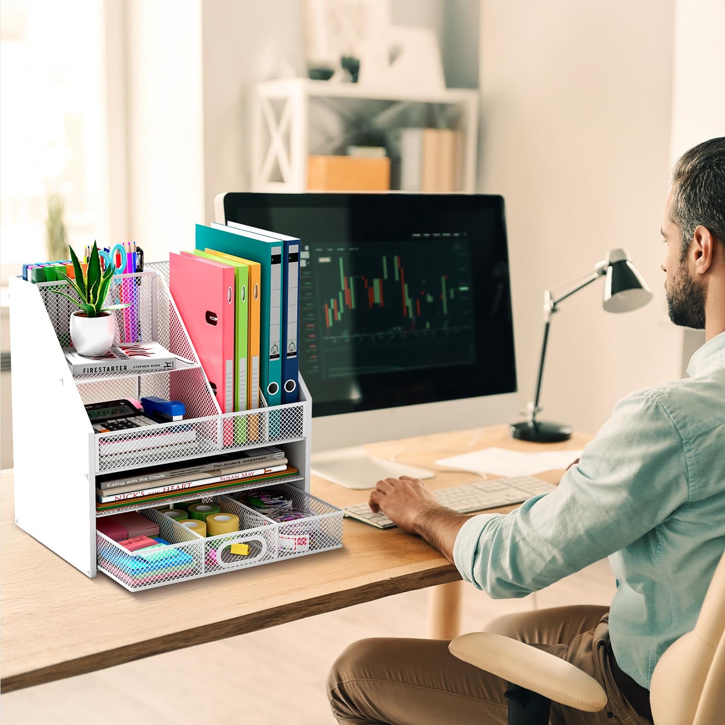 Homsorout Wooden Desk Organizer - Mesh File Organizer with Drawers and Pen Holder - 4-Tier Vertical Paper Letter Storage Tray, Desktop Organizers and Accessories for Home Office （White