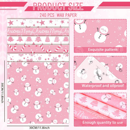 JarThenaAMCS 240 Sheet Christmas Wax Paper 6 Styles Pink Xmas Tree Snowflake Snowman Food Tissue Wrapping Paper Winter Decorative Deli Paper Basket Liners for Home Kitchen Restaurant Baking,12 Inch