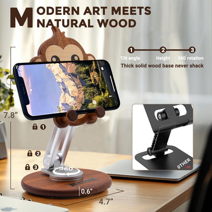 Agicogeo Cartoon Phone Stand with 360° Rotation, Adjustable Cute Desk Organizer for Home Office, Warm Decor Accessories, Wooden Tablet Holder (Monkey)