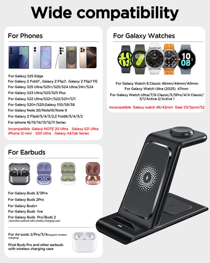 Wireless Charging Station for Samsung Wireless Charger Galaxy Watch 8/7/6/5/4/3 Active 2/1 Stand Galaxy S25 Ultra/S25/S24/S23/S22/S21/Note20/10 Z Fold Flip 7 Galaxy Buds3/2 Pro/Live Multiple Devices