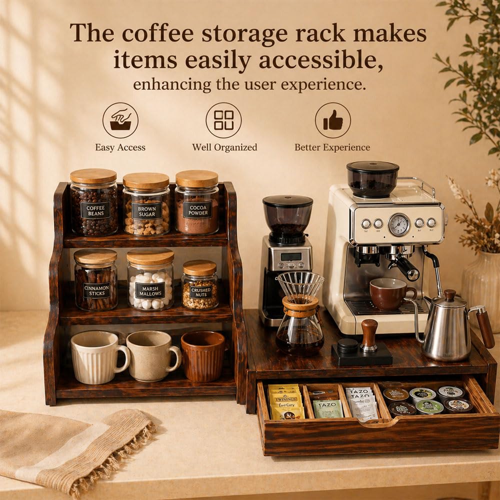 Wooden K Cup Coffee Station Organizer, 3-Tier Rack with Coffee Pods and Tea Organizer Holder,K Pod Drawer Coffee Maker Stand,Coffee Bar organizer Countertop for Accessories