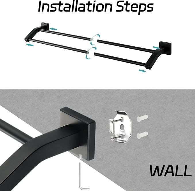 Alise Double Towel Bar, 24 Inch Towel Rack for Bathroom Wall Mounted, SUS304 Stainless Steel Bathroom Towel Holder Joining Process Towel Rail for Bathroom,Matte Black