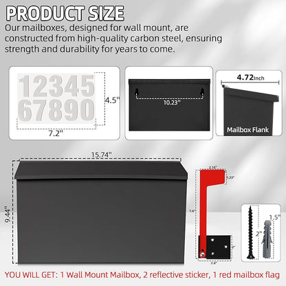 TonGass Wall Mount Mailbox for Outside, Metal Wall Mounted Mailbox with Flag and Number Stickers, Large Capacity Mail Box for House, Carbon Steel, Front Access, 15.74"x9.44"x4.72" - Black