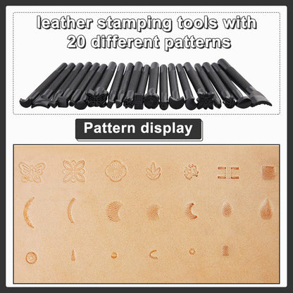 Wonvoc 21 Pcs Leather Stamp Set, Leather Stamping Kit with 20 Patterns, Leather Design Tools, Leather Stamping Tools Geometric, Leathercraft Stamping Tools with Mallet for DIY Leather Crafts