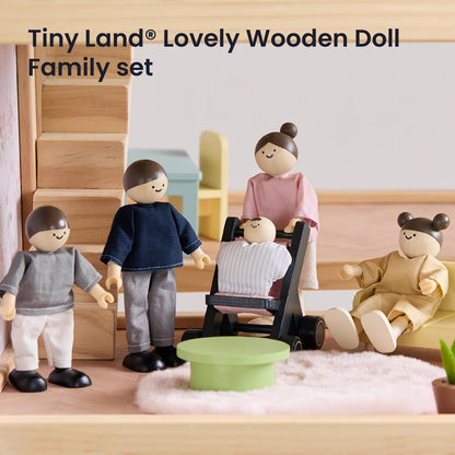 Tiny Land Modern Wooden Dollhouse & 5-Piece Poseable Wooden Doll Family People Set