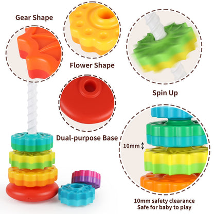 JUXUE Baby Spinning Stacking Toys for Toddlers 1-3, Rainbow Ring Stacker Montessori Toys for Babies 6-12 Months, 1 2 3 One Year Old Girl Boy Christmas Birthday Gifts, Autism Sensory Learning Toy