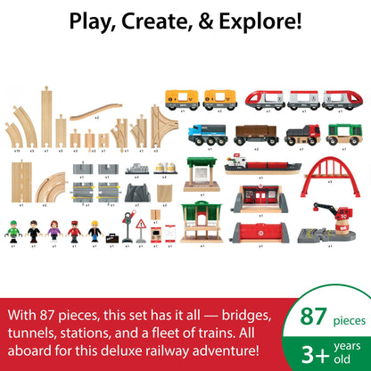 BRIO World Deluxe Railway Set - 87-Piece Wooden Train Set - Includes Passenger & Freight Trains, Stations, Accessories - Safe & Sustainable - MESH Accredited Fun Play for Kids Ages 3 & Up