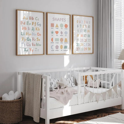Kids Playroom Wall Art Decor Nursery ABC Alphabet Poster Play Room Canvas Wall Decor Toddler Childrens Educational Artwork Numbers Shapes Prints ABC Picture for Playroom 12x16 Inch Unframed Set of 3