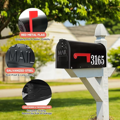 Zinovo Metal Post Mount Mailboxes for Outside,Galvanized Steel,Waterproof,Medium Capacity,Red Flag Indicated,Modern Style,Mail Boxes for House Outside/Residential,Black,18.8 x 9 x 6.7 inches