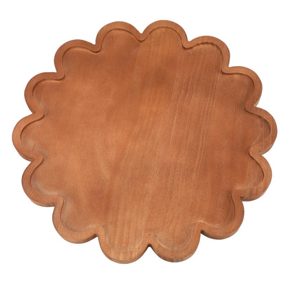 BreezeHug Brown Decorative Serving Tray Wood 12.6 Inch Scalloped Serving Tray Round Wooden Display Plate with Scalloped Borders for Coffee Table Living Room Bedroom Entryway Decoration