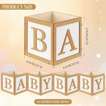 SiliFine 6 Set Baby Shower Centerpieces for Tables 6 Inch Wooden Boxes with Baby Letters Cube Planter Vase Blocks for Gender Reveal Party Decor (Floral,Gold)