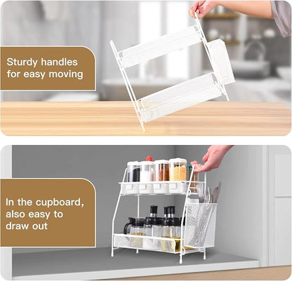 LEMIKKLE Countertop organizer for bathroom counter, bathroom organizers and storage, spice rack organizer for kitchen counter shelf with small basket(White)