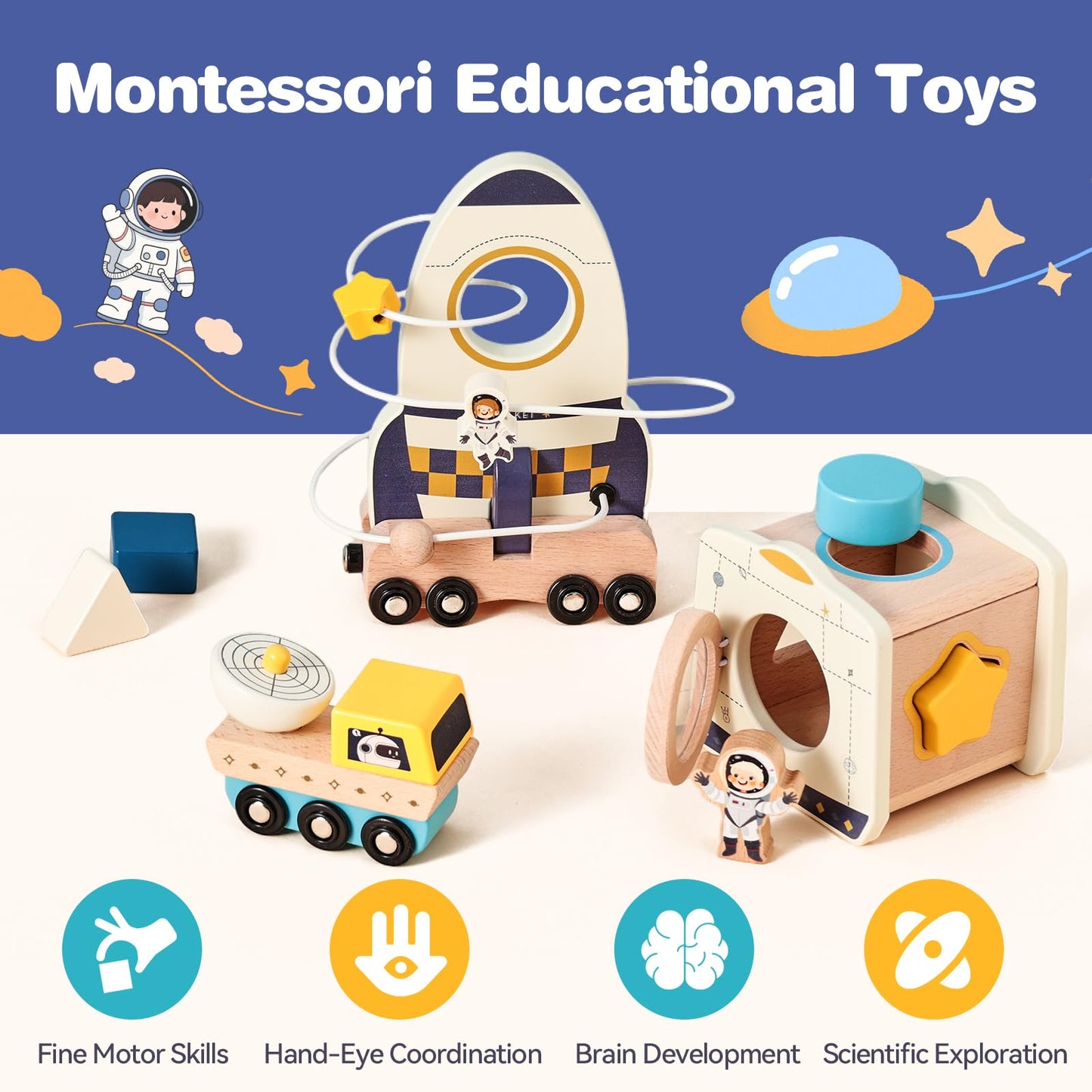 ibwaae Wooden Rocket Space Toy Set for Toddlers 1-3, Montessori Shape Sorter and Stacking Activity with Magnetic Car, Fine Motor Skills Learning Toy, First Birthday Gift for Boys Girls