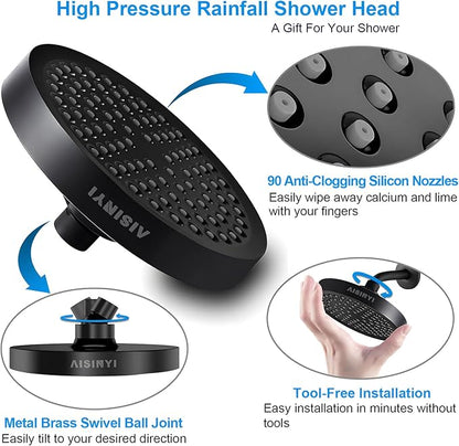High Pressure Rainfall Shower Head, 6 Inches Luxury Modern Showerhead with Perfect Adjustable Replacement, Removable Restrictor, Easy Installation for Your Bathroom Shower Heads (Matte Black)