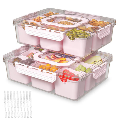 REBECAT Divided Serving Tray with Lid and Handles 9 Compartments Snack Box Container Charcuterie Organizer Snackle Box Container for Candy,Nuts，Fruits,Snacks,2 Pack,Pink