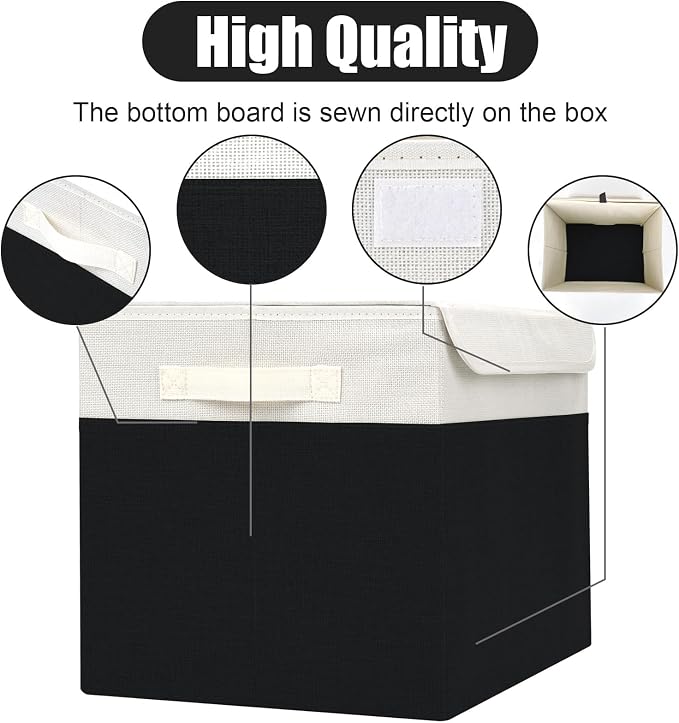 Large 17" 42 Quarts Collapsible Stackable Storage Bins with Lids [3-Pack] Foldable Fabric Linen Storage Boxes Cube, Closet Organizer Baskets with Label for Home (16.7 x 12 x 12", Black & White)