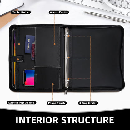 Antner Zipper Portfolio Binder Padfolio 3 Ring Binder 1 Inch Professional Faux Leather Document Organizer Folio for Tablet, Phone, and 8.5x11 Documents, Resumes, Presentation Folders for Men & Women