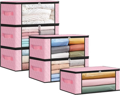 Fab totes 35L Closet Organizers and Storage, Foldable Under Bed Storage Containers, Storage bags for Organizing Bedroom, Closet, Clothing,Organization with Handle (6 Pack,Pink)