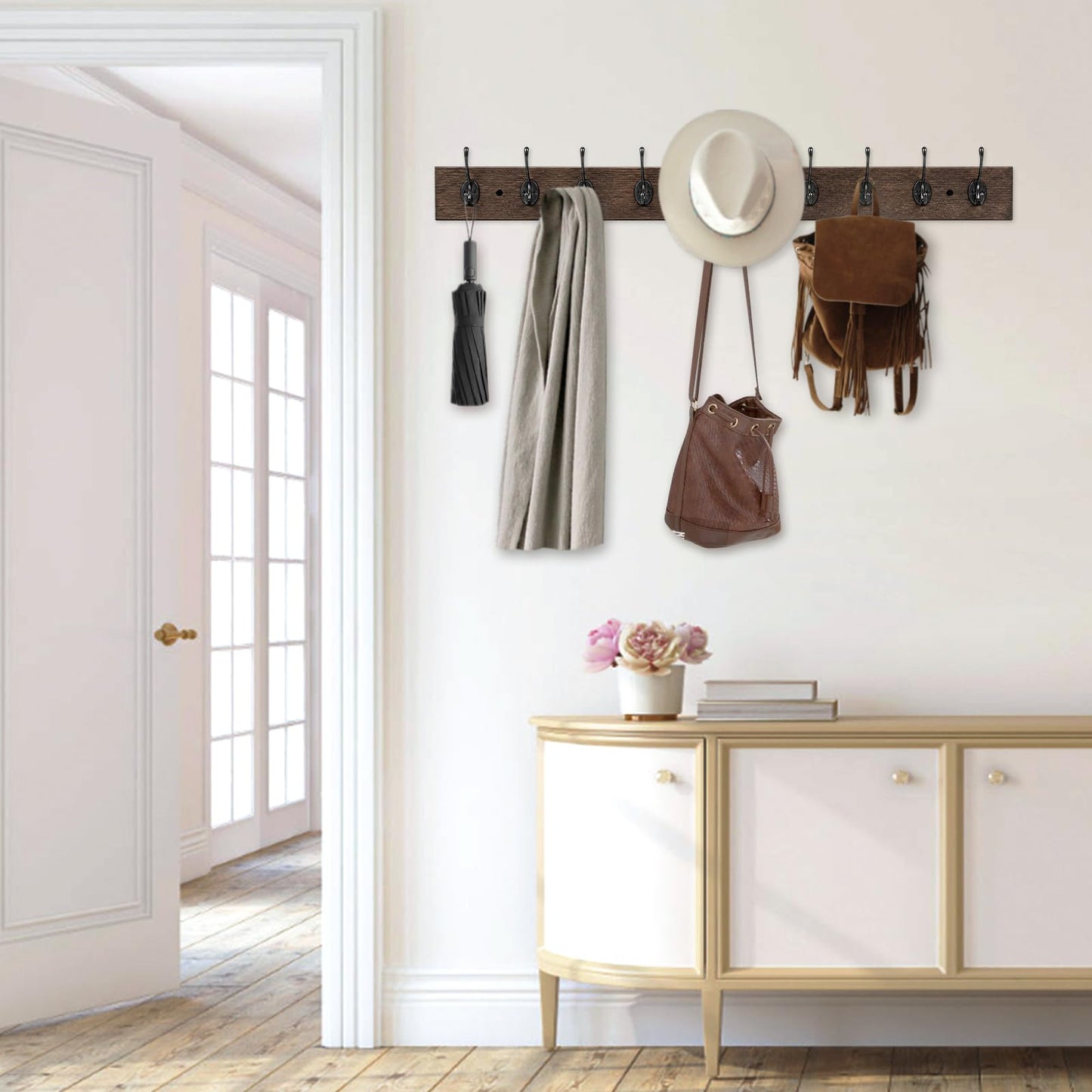 IBosins Wall Mounted Coat Rack,Vintage Wood Coat Rack, 34" Long with 10 Black Double Hooks Rail for Entryways, Bathrooms, Living Rooms to Hang Coat, Scarve, Hat,Key, Bag