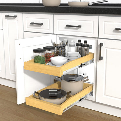 2 Tier Pull Out Cabinet Organizer, 17"W x 21"D Solid Wood Heavy-Duty Base Bottom Assembly Slide out Drawer Shel Cabinet Organization for Kitchen, Pantry, Bathroom