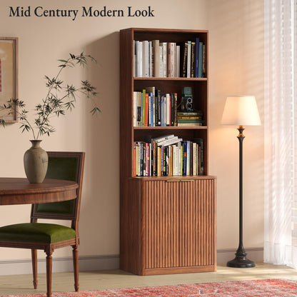 Hootata 71" Walnut Bookcase with Doors, 5 Tier Fluted Tall Bookshelf with Storage, Librero with Cabinet for Home Office, Living Room,or Bedroom
