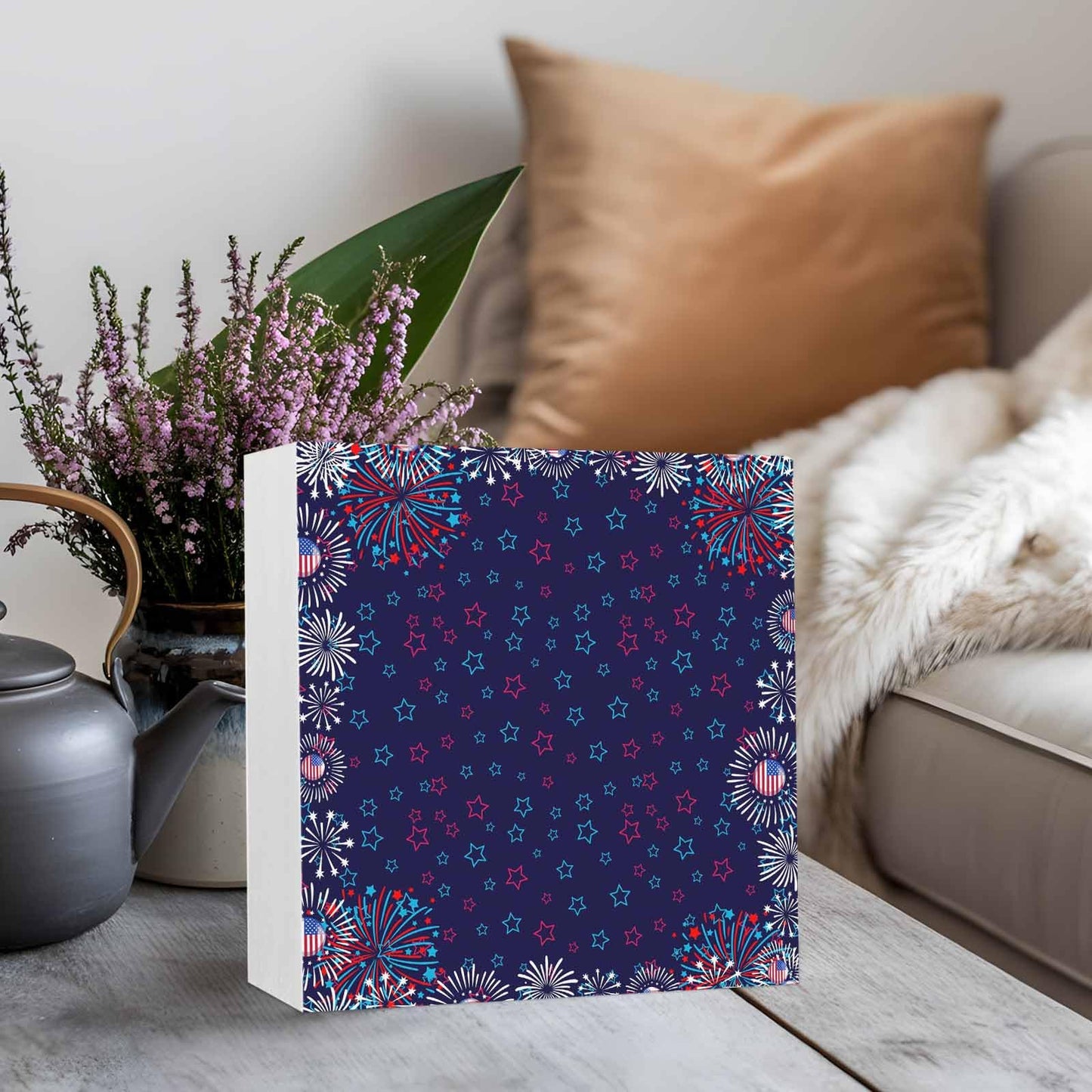 Navy Blue Red Stars Wood Box Sign Desk Decor, Independence Day Sparklers Us Flag Modern Decorative Wooden Block Box Sign Decorations for Home Office Shelf Table Decor 6x6 Inches
