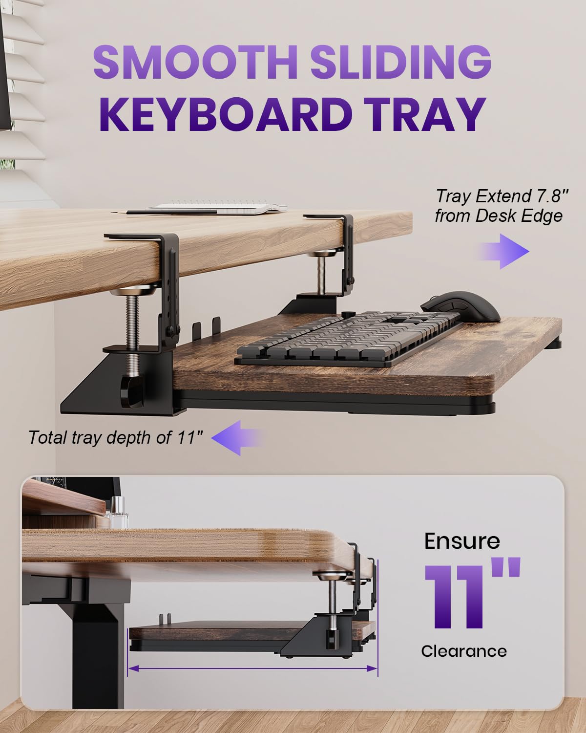 Zontera Ergonomic Mouse & Keyboard Tray Under Desk, Pull Out with Adjustable C-clamp, 20 (25.9 Including Clamps) x 11.8 Inch Slide Out Computer Keyboard Drawer Mouse Tray for Typing, Rustic Brown