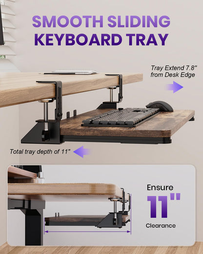 Zontera Ergonomic Mouse & Keyboard Tray Under Desk, Pull Out with Adjustable C-clamp, 20 (25.9 Including Clamps) x 11.8 Inch Slide Out Computer Keyboard Drawer Mouse Tray for Typing, Rustic Brown